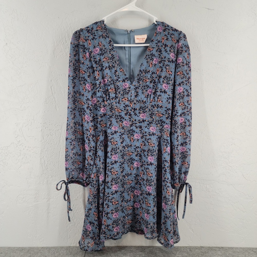 Showpo US 2 | Blue Floral Paisley Long Sleeve V-Neck Mini Dress Boho Womens